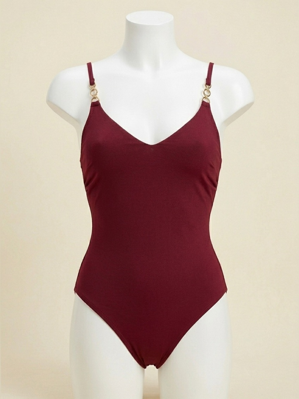 Amoressa Burgundy V Neck Ruched Cross Back One Piece Swimsuit Sz 14